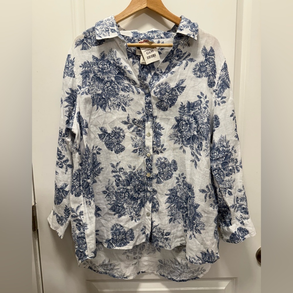 NWT Rachel Zoe Blue and White Floral Linen Shirt